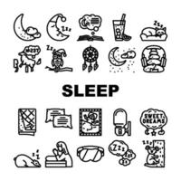 dormir cama travesseiro Sonhe noite ícones conjunto vetor