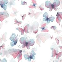 borboletas estão rosa, azul, lilás, vôo, delicado com asas e salpicos do pintar. mão desenhado aguarela ilustração. desatado padronizar em uma branco fundo, para Projeto vetor