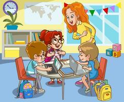 vetor ilustração do feliz fofa crianças Garoto e menina trabalhando em a computador às a mesa