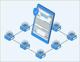 inteligente contrato dentro a Centro do blockchain tecnologia. uma descentralizado organização Sediada em blockchain conceito. vetor ilustração isolado em branco fundo. eps10