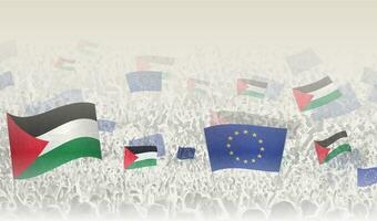 Palestina e europeu União bandeiras dentro uma multidão do torcendo pessoas. vetor