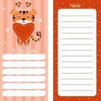 conjunto de planejador semanal ou diário, papel de nota, lista de tarefas, modelos de adesivos, feliz natal, decorado com um tigre fofo vetor