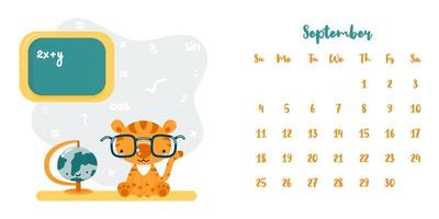 calendário para setembro de 2022 com o tigre estudante bonito dos desenhos animados