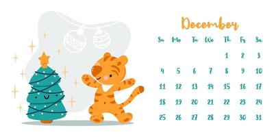 calendário para dezembro de 2022 com tigre bonito dos desenhos animados e árvore de natal vetor