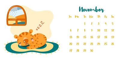 calendário para novembro de 2022 com desenho bonito de tigre adormecido vetor