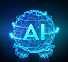 logotipo da inteligência artificial ai nas mãos. inteligência artificial e conceito de aprendizado de máquina. onda de grade de esfera com código binário. tecnologia de inovação de big data. redes neurais. ilustração vetorial. vetor