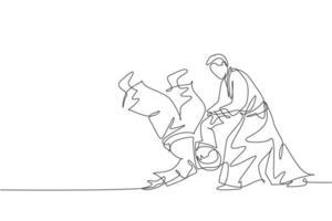 uma única linha desenhando dois jovens enérgicos vestindo quimono exercem aikido lutando em ilustração gráfica vetorial de salão de esportes. conceito de esporte de estilo de vida saudável. design moderno de desenho de linha contínua vetor