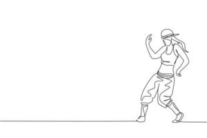 um único desenho de linha de uma jovem dançarina de rua moderna com chapéu, realizando a dança hip hop na ilustração do gráfico vetorial de palco. conceito de estilo de vida de geração urbana. design de desenho de linha contínua vetor