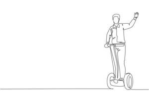 uma única linha desenho jovem homem enérgico montando equilíbrio elétrico de duas rodas na ilustração vetorial de parque da cidade. futuro transportador. conceito de esporte de estilo de vida saudável. design moderno de desenho de linha contínua vetor