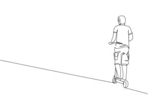 desenho de linha única contínua de homem feliz andando de scooter elétrica em área pública, vista traseira. transporte ecológico. conceito de estilo de vida urbano. ilustração em vetor desenho desenho de uma linha na moda