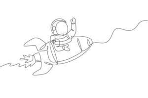 desenho de linha única contínua do astronauta em traje espacial acenando com a mão no espaço sideral com a nave espacial do foguete. conceito de astronomia da Via Láctea da ciência. tendência de uma linha desenhar ilustração vetorial de design gráfico vetor