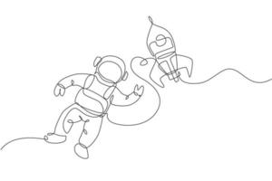 um desenho de linha única de astronauta em traje espacial flutuando e descobrindo o espaço profundo com ilustração vetorial de nave espacial de foguete. explorando o conceito de espaço sideral. design moderno de desenho de linha contínua vetor