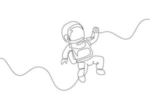 um desenho de linha única do jovem astronauta em traje espacial voando no gráfico de ilustração vetorial do espaço sideral. conceito de espaço galáctico de aventura de astronauta. design moderno de desenho de linha contínua vetor