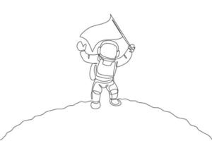 astronauta de ciência de desenho de linha única contínua na superfície da lua acenando uma bandeira para celebrar o pouso. exploração do espaço profundo de fantasia, conceito de ficção. gráfico de ilustração vetorial desenho de uma linha vetor