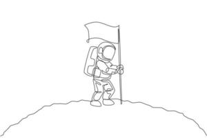 um desenho de linha única do astronauta do homem do espaço explorando a galáxia cósmica e plantando uma bandeira na ilustração vetorial de superfície da lua. conceito de ficção de vida do espaço sideral da fantasia. design de desenho de linha contínua vetor