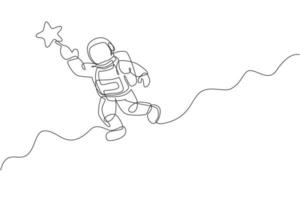 um desenho de linha contínua do cosmonauta explorando o espaço sideral. astronauta alcançando estrela voadora. fantasia conceito de descoberta de galáxia cósmica. ilustração em vetor design gráfico de desenho de linha única dinâmica