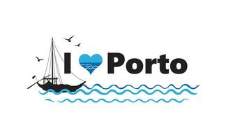 porto cidade, Portugal. horizontal bandeira com letras porto e tradicional Português barco dentro mar e vôo gaivotas silhueta. vetor