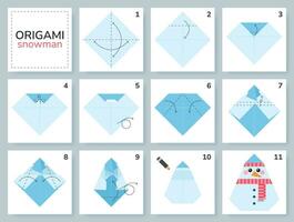 boneco de neve origami esquema tutorial comovente modelo. origami para crianças. degrau de degrau quão para faço uma fofa origami boneco de neve. vetor ilustração.