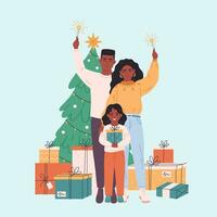 africano americano família com criança a comemorar Natal ou Novo ano. Natal árvore com apresenta. vetor