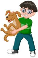 feliz Garoto segurando cachorro desenho animado. vetor ilustração