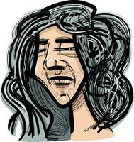 jovem homem com grandes cabelo caricatura desenhando ilustração vetor