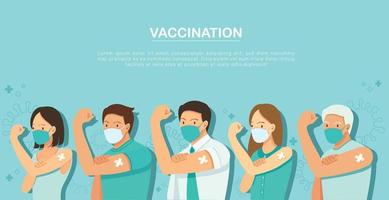 pessoas mostrando vacinados. conceito de vacinação. ilustração vetorial