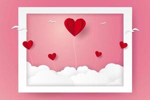 dia dos namorados, ilustração de amor, balões em forma de coração e pássaros voando para fora do quadro, estilo de arte em papel vetor