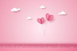 dia dos namorados, ilustração de amor, balões de coração rosa voando sobre a grama, estilo de arte em papel vetor