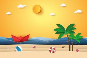 vista do mar com coqueiro na praia e na ilha, estilo arte em papel vetor