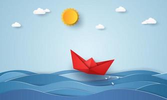 barco de origami navegando no oceano azul, estilo arte em papel vetor