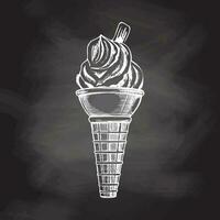uma desenhado à mão esboço do uma waffle cone com congeladas iogurte ou gelo creme com biscoitos em quadro-negro fundo. vintage ilustração. elemento para a Projeto do rótulos, embalagem. vetor