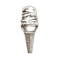 uma desenhado à mão esboço do uma waffle cone com multi - em camadas congeladas iogurte ou suave gelo creme. vintage ilustração. elemento para a Projeto do rótulos, embalagem e cartões postais. vetor