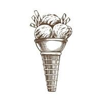 uma desenhado à mão esboço do uma waffle cone com congeladas iogurte ou suave gelo creme com waffle tubos. vintage ilustração. elemento para a Projeto do rótulos, embalagem e cartões postais. vetor