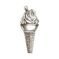 uma desenhado à mão esboço do uma waffle cone com congeladas iogurte ou gelo creme com biscoitos. vintage ilustração. elemento para a Projeto do rótulos, embalagem e cartões postais. vetor