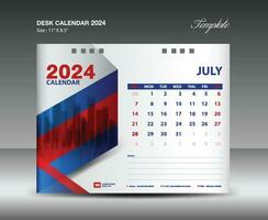 Julho 2024 modelo- escrivaninha calendário 2024 ano modelo, parede calendário 2024 ano, semana começa Domingo, planejador projeto, papelaria projeto, folheto projeto, impressão meios de comunicação, vermelho e azul fundo vetor