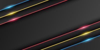 fundo de quadro preto metálico abstrato, camada de sobreposição triangular com linha de luz vermelha, amarela, azul, forma diagonal, design minimalista escuro com espaço de cópia, ilustração vetorial vetor