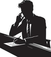 uma homem sentado às uma mesa falando em uma célula telefone vetor silhueta ilustração 8