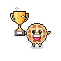 desenho animado de torta de maçã está feliz segurando o troféu de ouro vetor