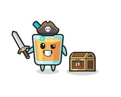 o personagem pirata de suco de laranja segurando uma espada ao lado de uma caixa de tesouro vetor