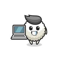 ilustração do mascote do bolinho de arroz com um laptop vetor