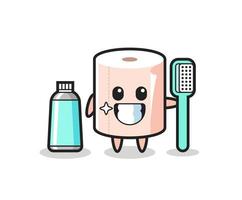 ilustração de mascote de rolo de papel com uma escova de dentes vetor