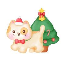 cartão de Natal com gatos bonitos e árvore de Natal em estilo aquarela. vetor