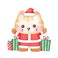 cartão de Natal com gato bonito em estilo aquarela. vetor