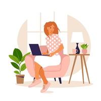 freelance ou estudando o conceito. menina com laptop na cadeira. vetor