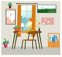 interior ambiente de trabalho, acolhedor quadros e plantas, peito do gavetas com livros, janela com Visão inverno cidade, moderno mesa e cadeira. vetor plano ilustração minimalismo