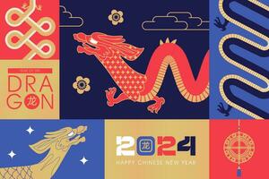 mosaico geométrico bandeira modelo disposição para chinês Novo ano 2024, ano do a Dragão com zodíaco ásia elementos. traduzir Dragão. plano vetor ilustração.