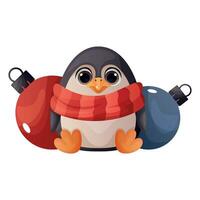 fofa alegre Natal pinguim sentado com brilhante bolas. feliz pinguins mascote a comemorar Novo ano. pássaro personagem para natal cumprimento presente marcação, cartão, cartão postal. inverno é chegando, caloroso desejos vetor