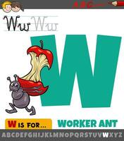 carta W a partir de alfabeto com desenho animado trabalhador formiga animal personagem vetor