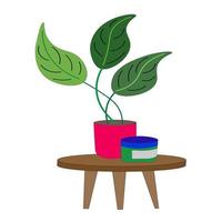 mesa de madeira onde há vaso com folhas e pote de creme de cuidado. ilustração vetorial. vetor