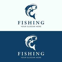 pescaria clube logotipo Projeto com criativo pescador e pulando peixe. vetor